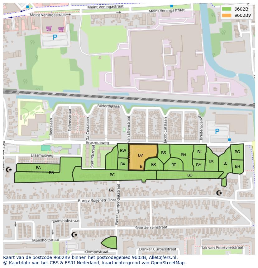 Afbeelding van het postcodegebied 9602 BV op de kaart.