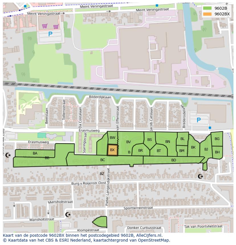 Afbeelding van het postcodegebied 9602 BX op de kaart.