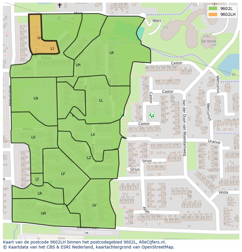 Afbeelding van het postcodegebied 9602 LH op de kaart.