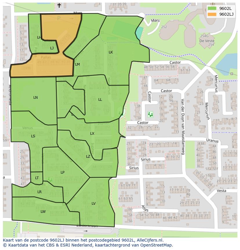 Afbeelding van het postcodegebied 9602 LJ op de kaart.