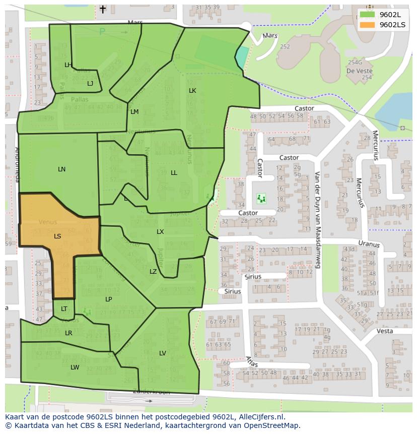 Afbeelding van het postcodegebied 9602 LS op de kaart.