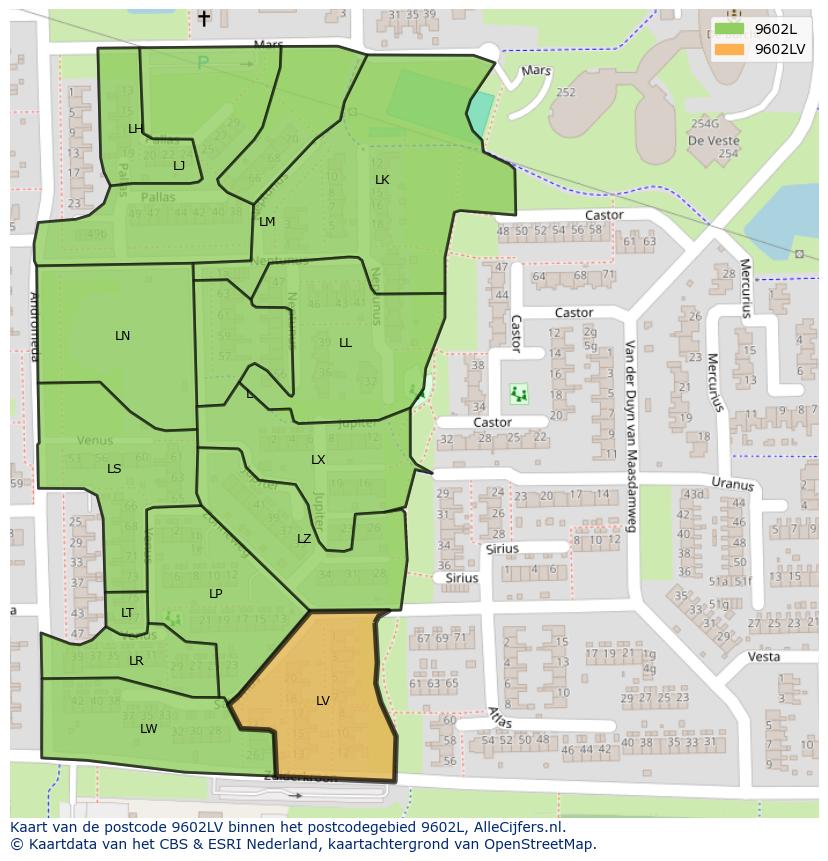 Afbeelding van het postcodegebied 9602 LV op de kaart.