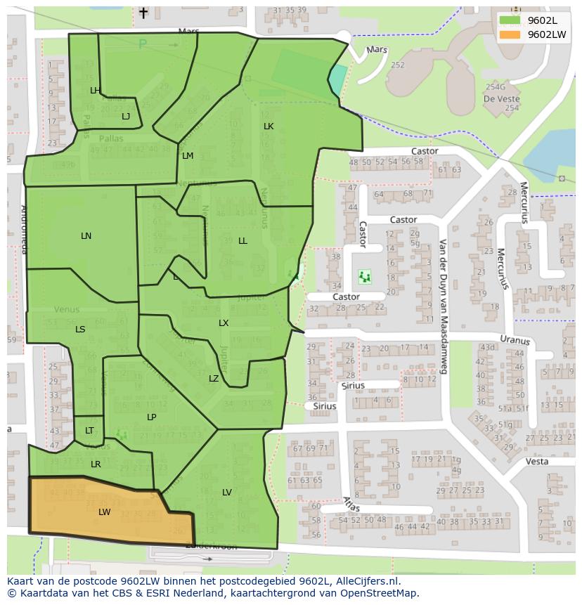 Afbeelding van het postcodegebied 9602 LW op de kaart.