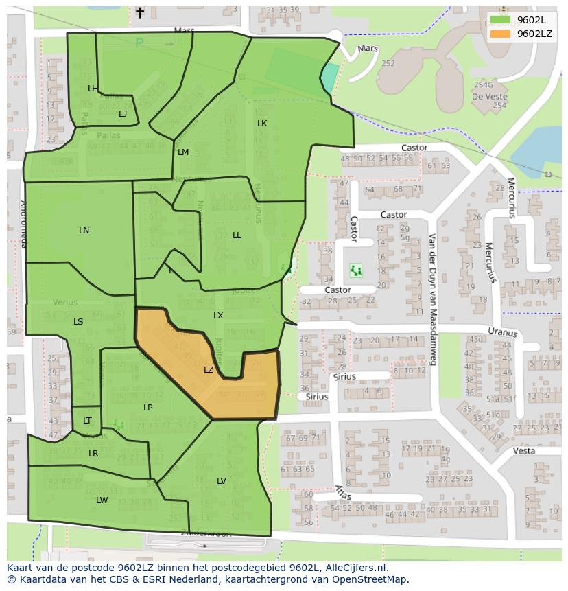 Afbeelding van het postcodegebied 9602 LZ op de kaart.