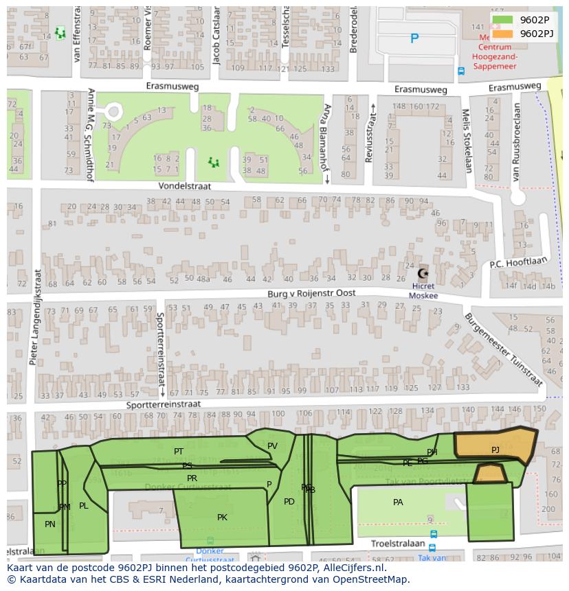 Afbeelding van het postcodegebied 9602 PJ op de kaart.