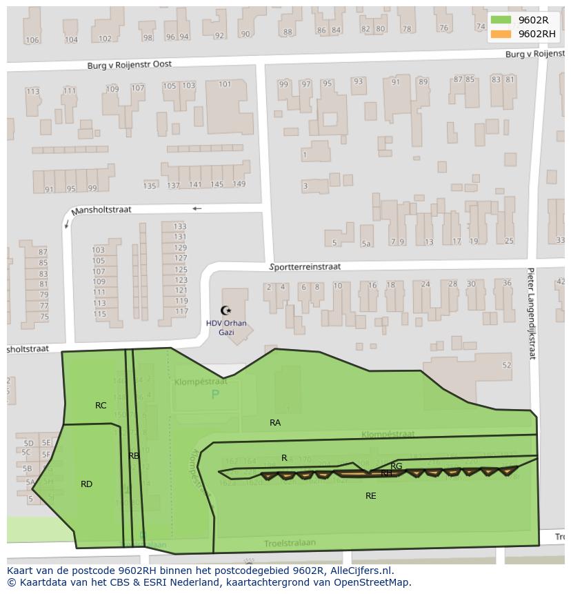 Afbeelding van het postcodegebied 9602 RH op de kaart.