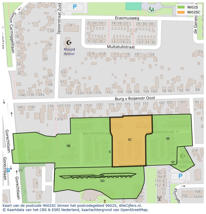 Afbeelding van het postcodegebied 9602 SC op de kaart.