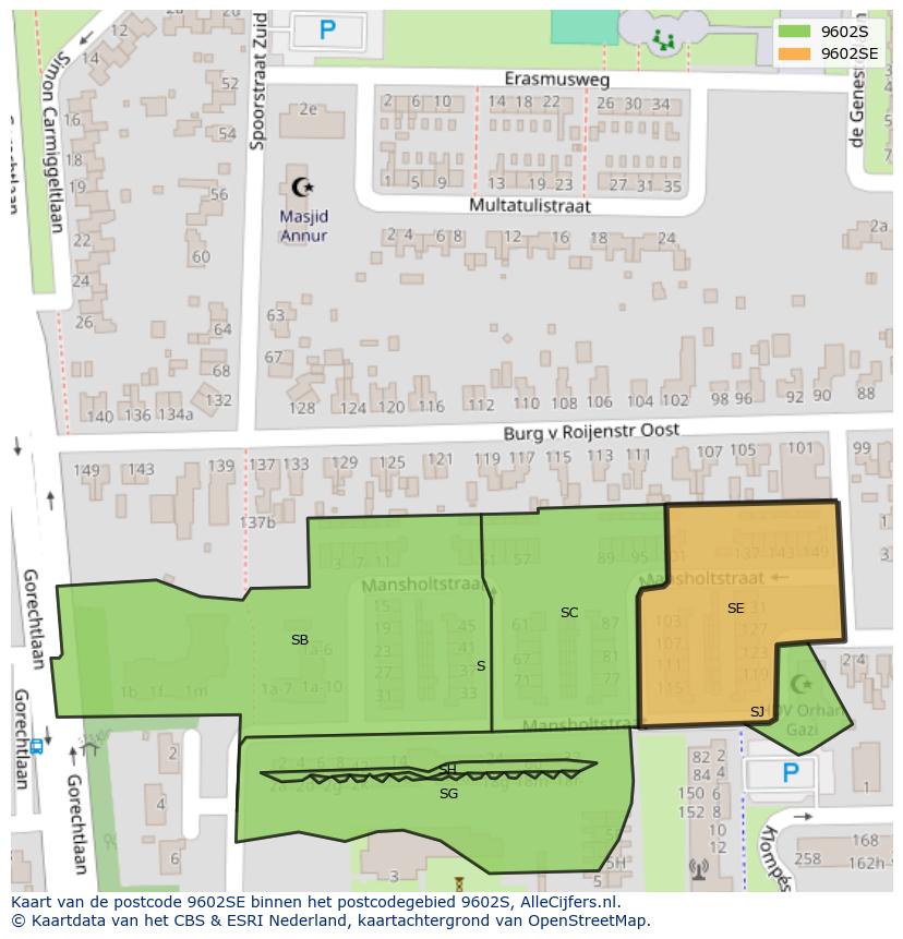 Afbeelding van het postcodegebied 9602 SE op de kaart.