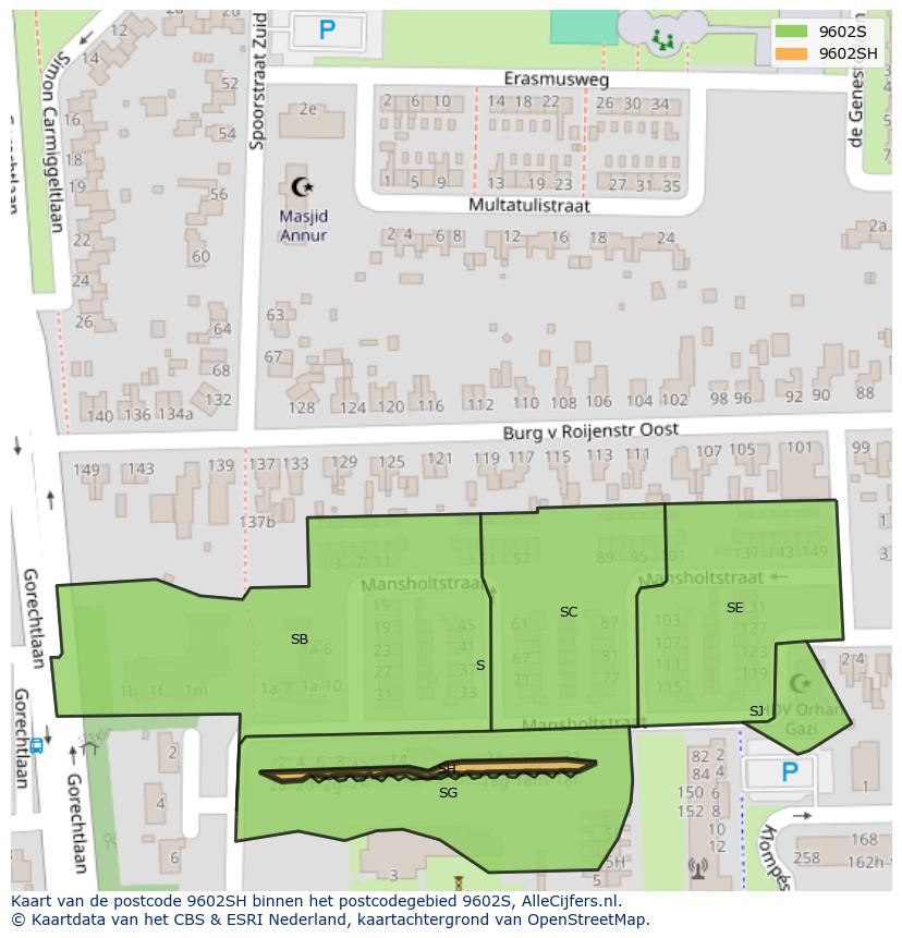 Afbeelding van het postcodegebied 9602 SH op de kaart.