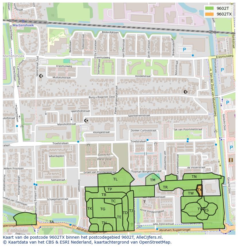 Afbeelding van het postcodegebied 9602 TX op de kaart.