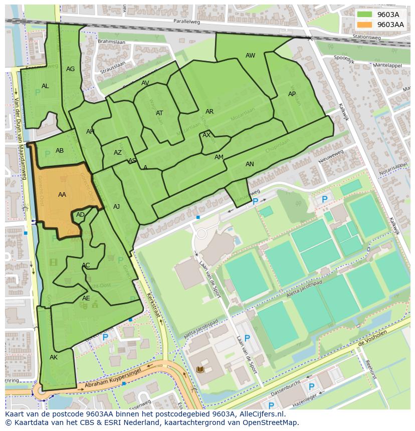 Afbeelding van het postcodegebied 9603 AA op de kaart.