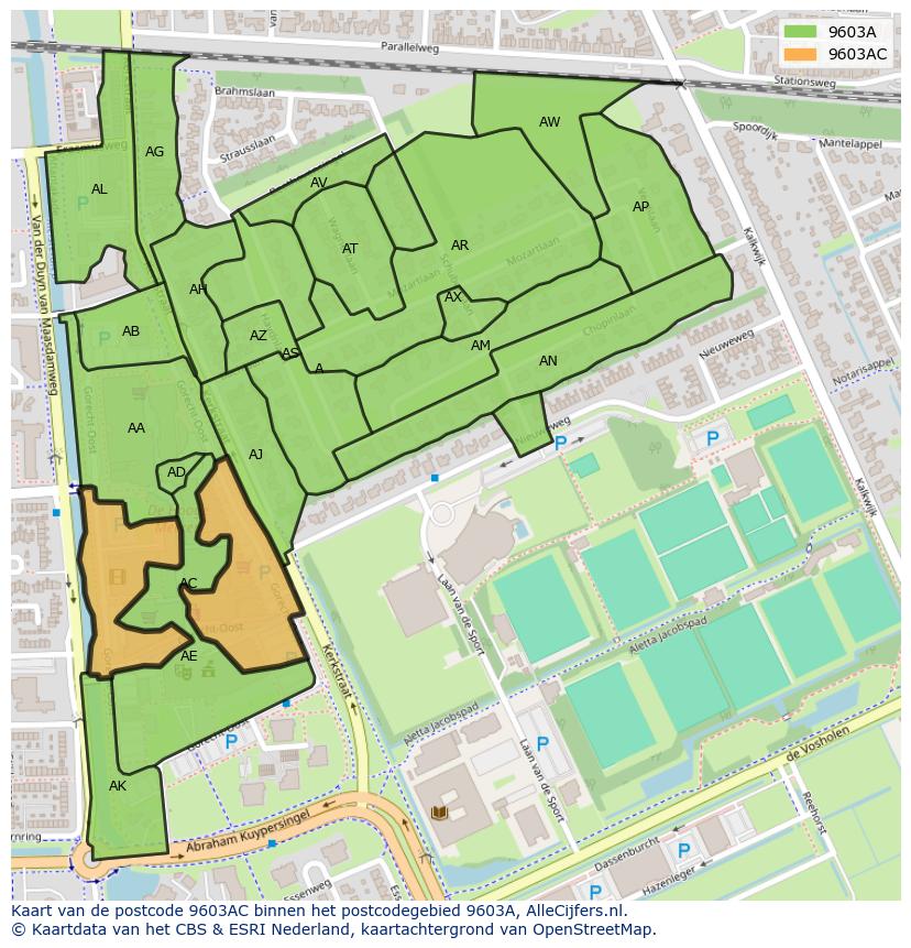 Afbeelding van het postcodegebied 9603 AC op de kaart.