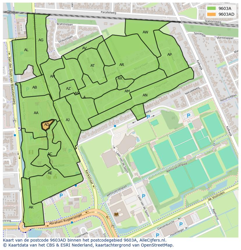 Afbeelding van het postcodegebied 9603 AD op de kaart.