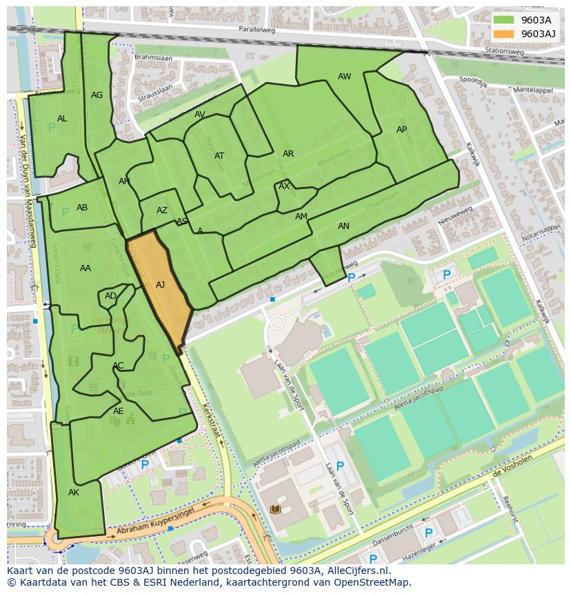 Afbeelding van het postcodegebied 9603 AJ op de kaart.