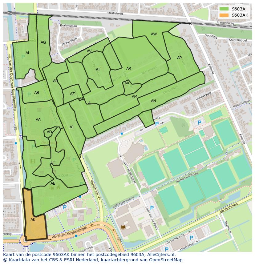 Afbeelding van het postcodegebied 9603 AK op de kaart.