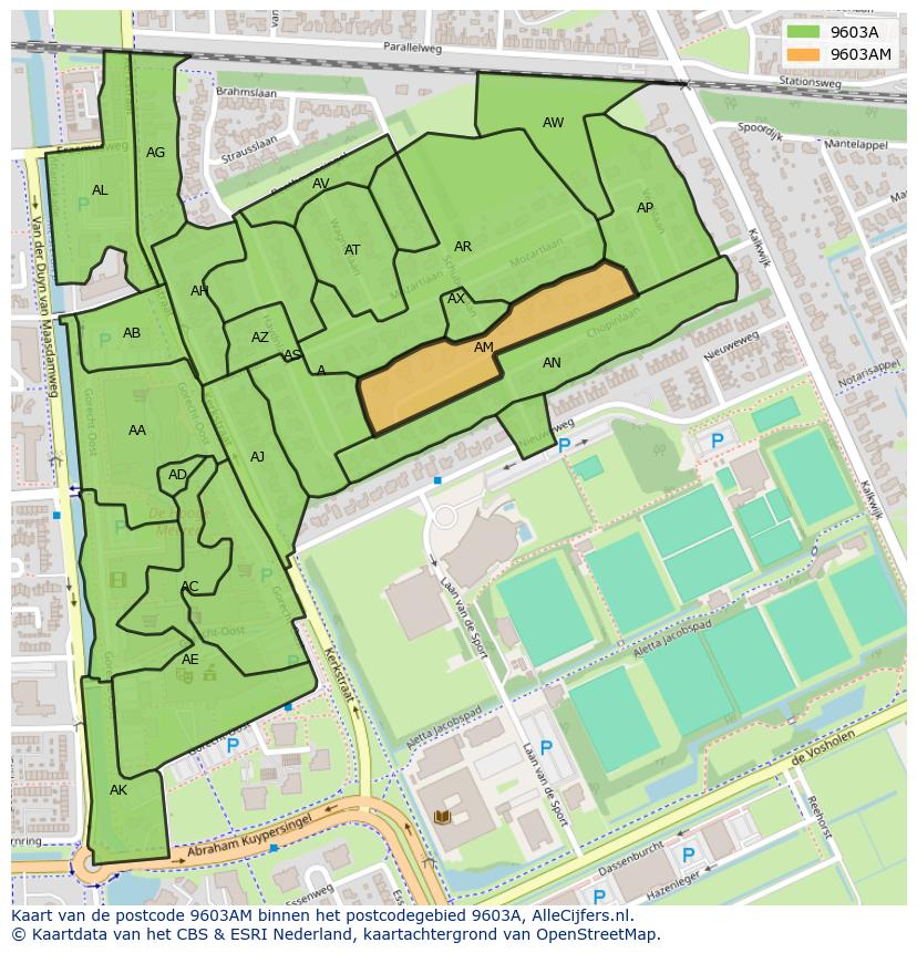Afbeelding van het postcodegebied 9603 AM op de kaart.