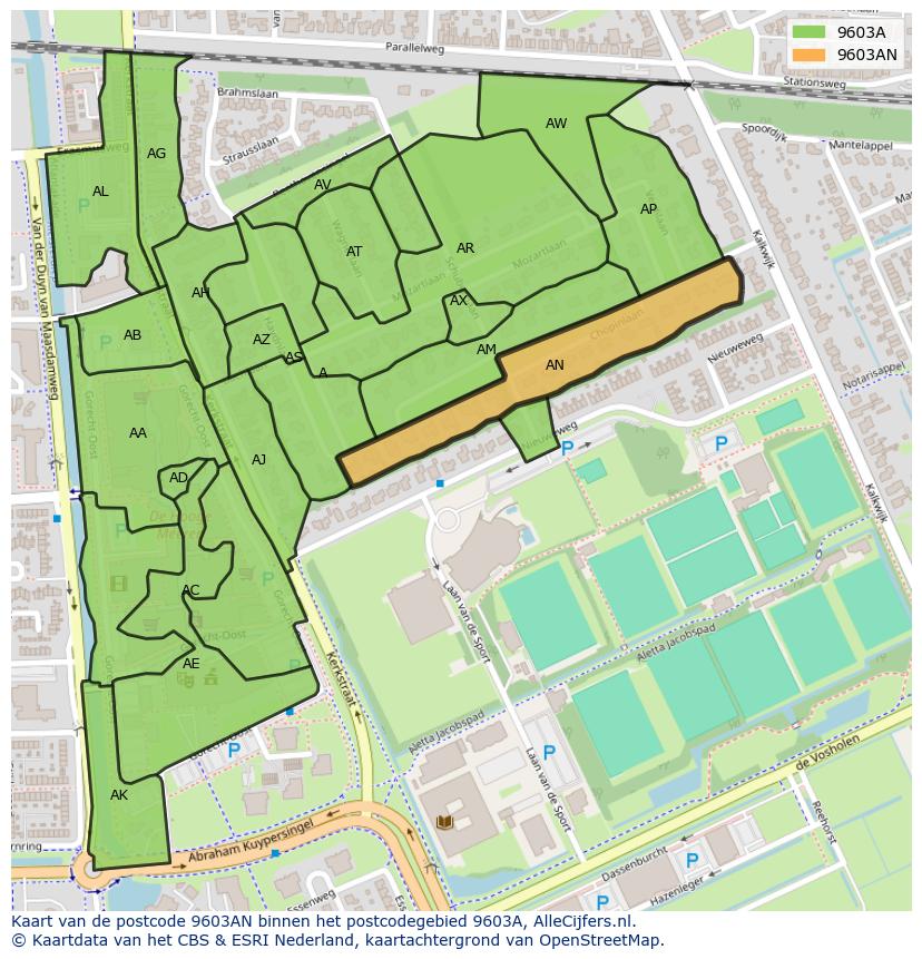 Afbeelding van het postcodegebied 9603 AN op de kaart.