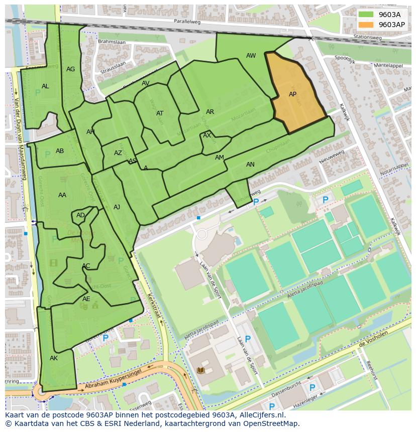 Afbeelding van het postcodegebied 9603 AP op de kaart.