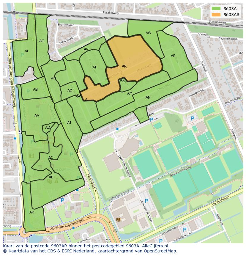 Afbeelding van het postcodegebied 9603 AR op de kaart.