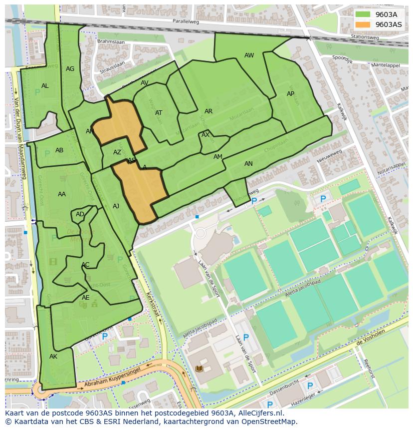 Afbeelding van het postcodegebied 9603 AS op de kaart.