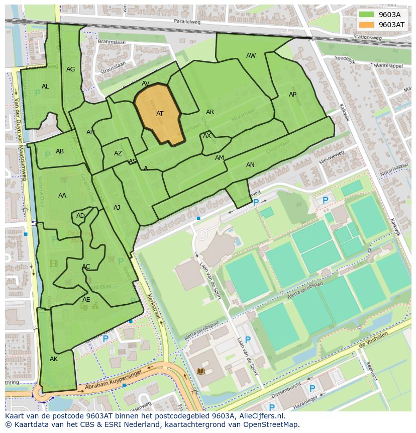 Afbeelding van het postcodegebied 9603 AT op de kaart.