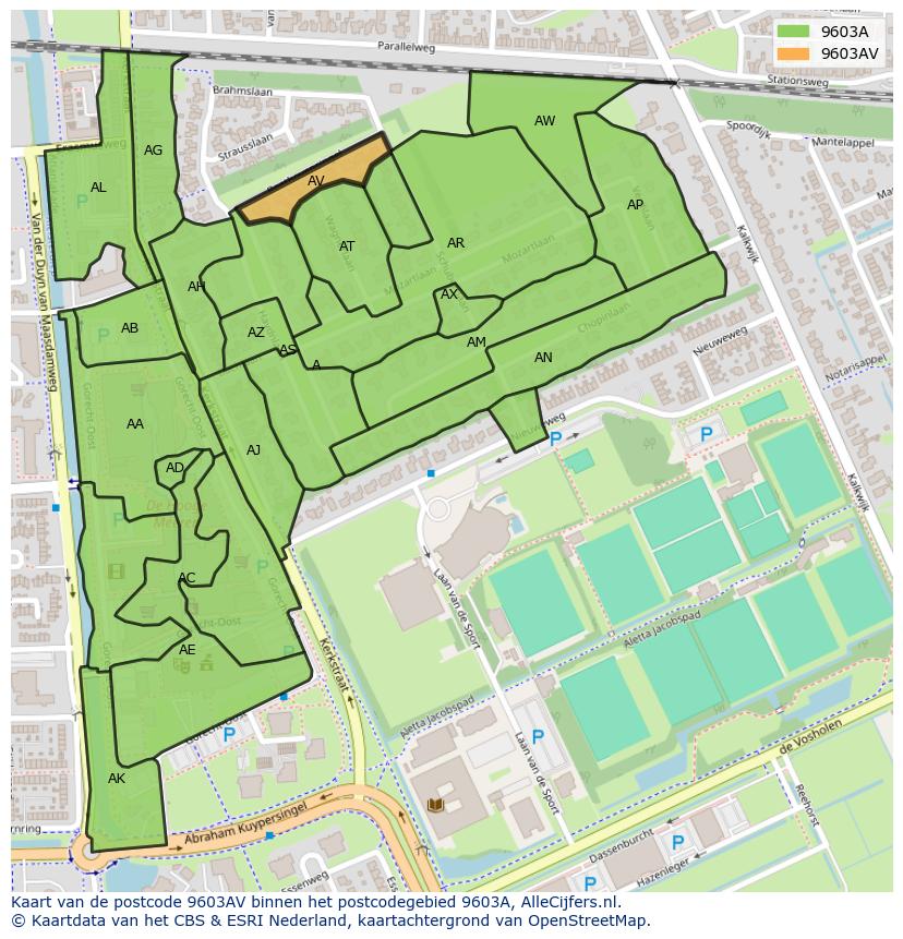 Afbeelding van het postcodegebied 9603 AV op de kaart.