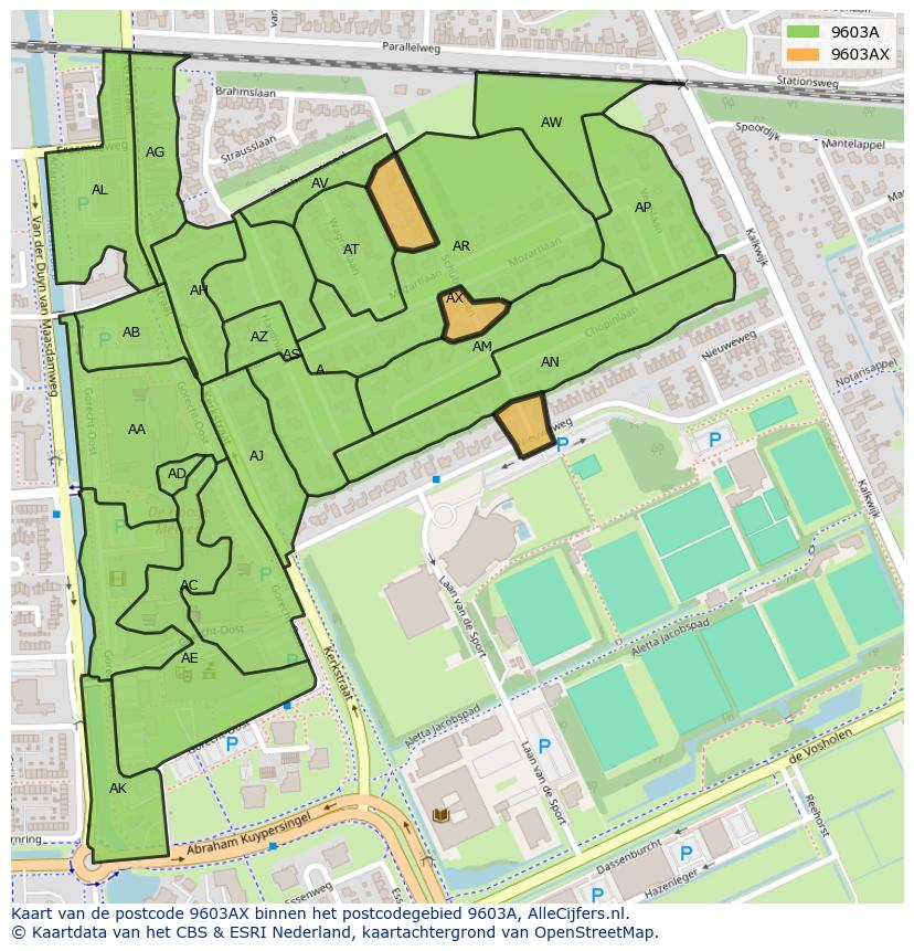 Afbeelding van het postcodegebied 9603 AX op de kaart.