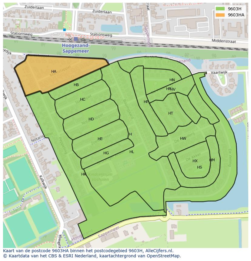 Afbeelding van het postcodegebied 9603 HA op de kaart.