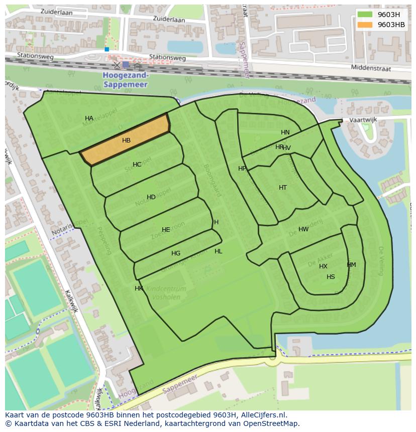 Afbeelding van het postcodegebied 9603 HB op de kaart.