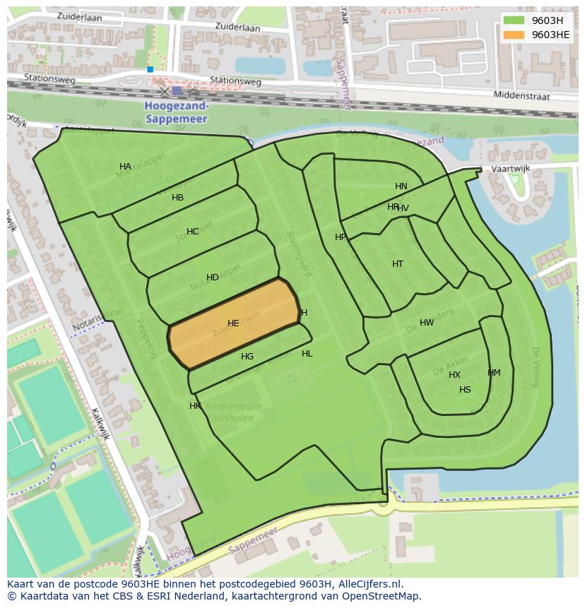 Afbeelding van het postcodegebied 9603 HE op de kaart.
