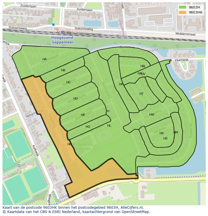Afbeelding van het postcodegebied 9603 HK op de kaart.