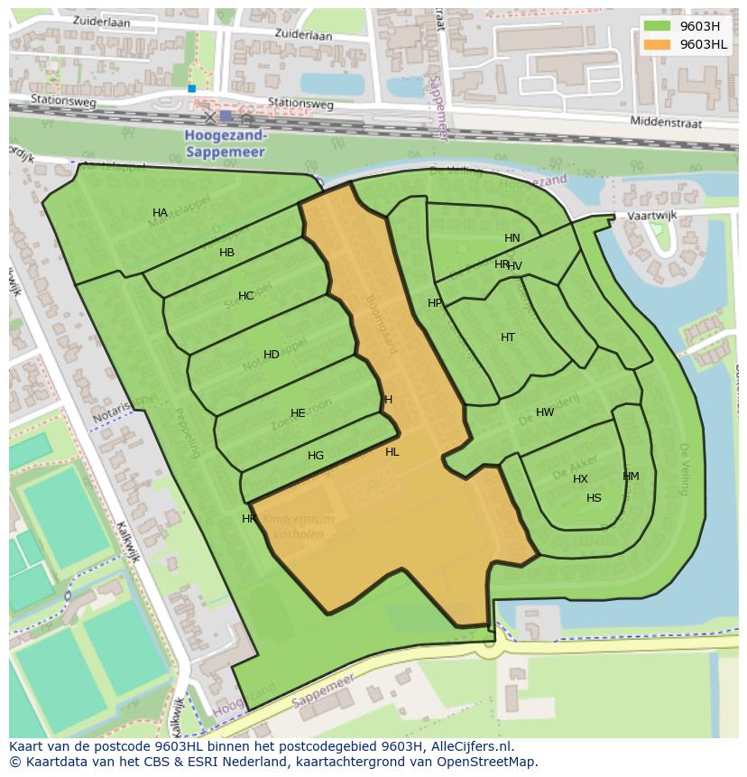 Afbeelding van het postcodegebied 9603 HL op de kaart.