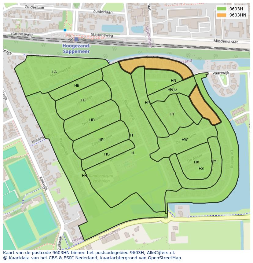 Afbeelding van het postcodegebied 9603 HN op de kaart.