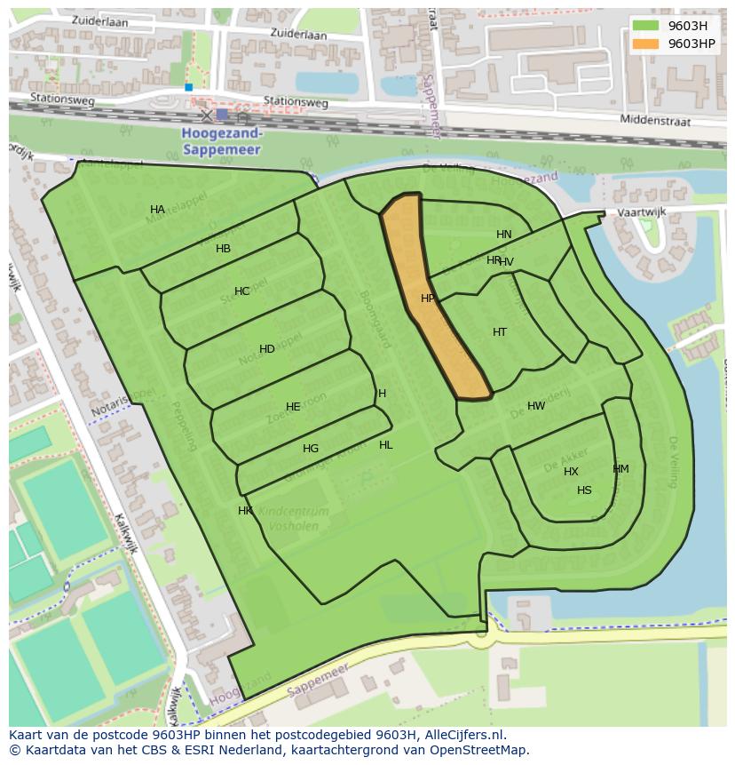 Afbeelding van het postcodegebied 9603 HP op de kaart.
