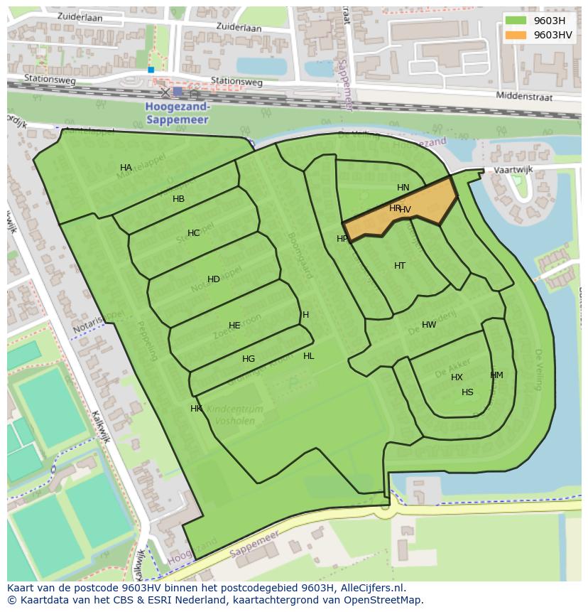Afbeelding van het postcodegebied 9603 HV op de kaart.