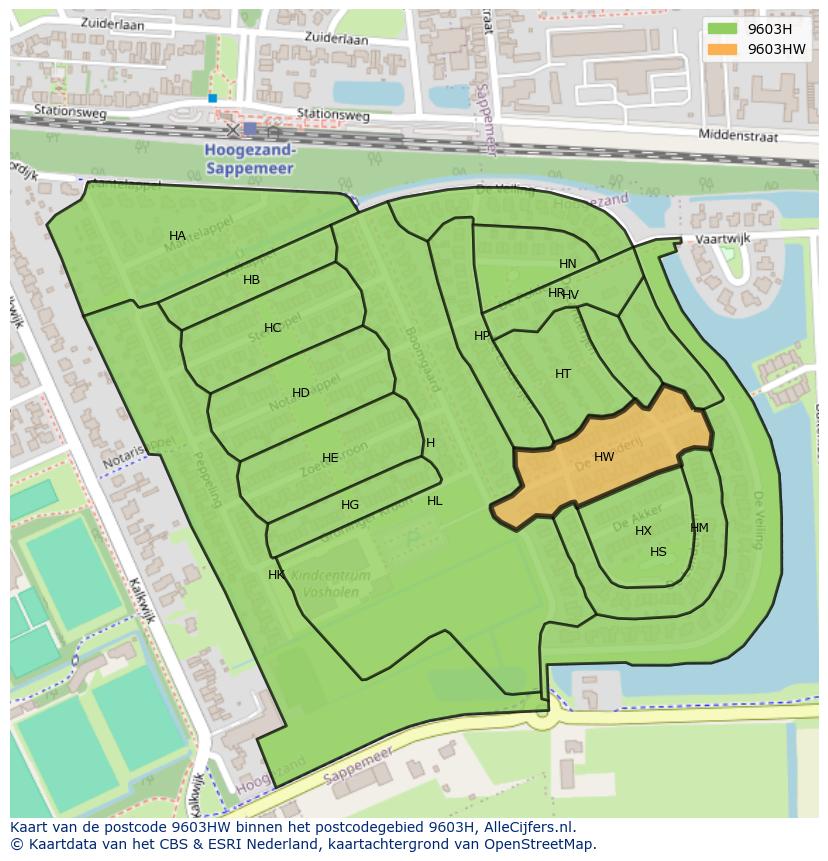 Afbeelding van het postcodegebied 9603 HW op de kaart.