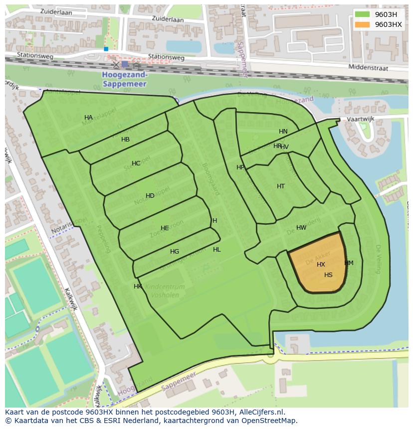 Afbeelding van het postcodegebied 9603 HX op de kaart.