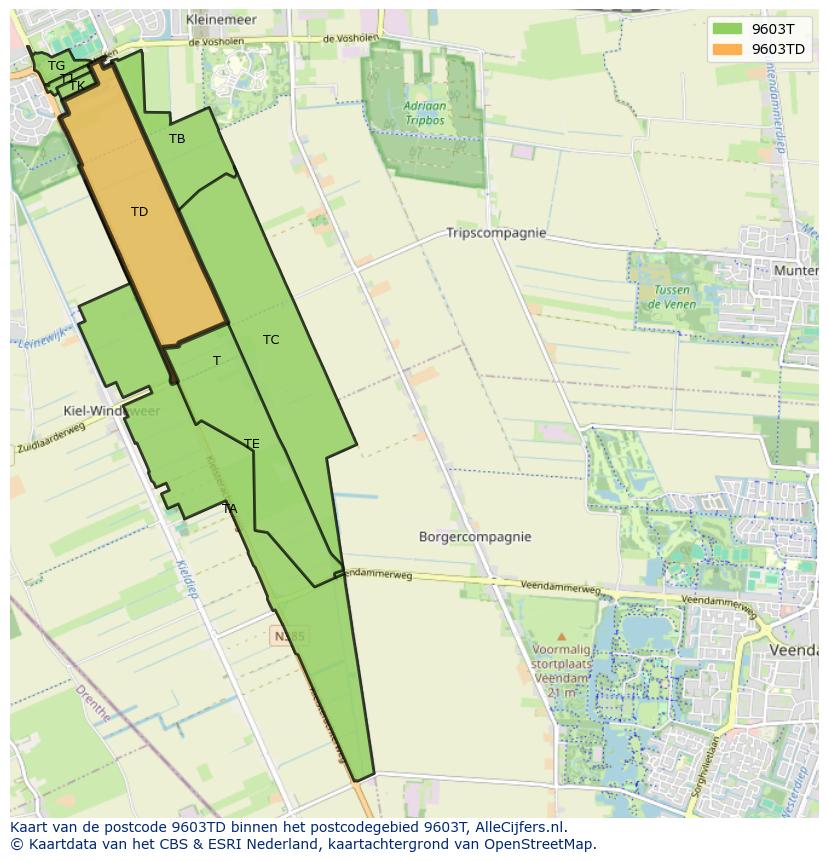 Afbeelding van het postcodegebied 9603 TD op de kaart.
