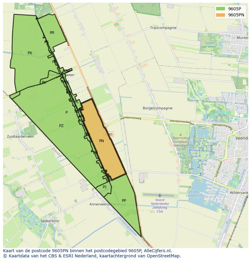 Afbeelding van het postcodegebied 9605 PN op de kaart.