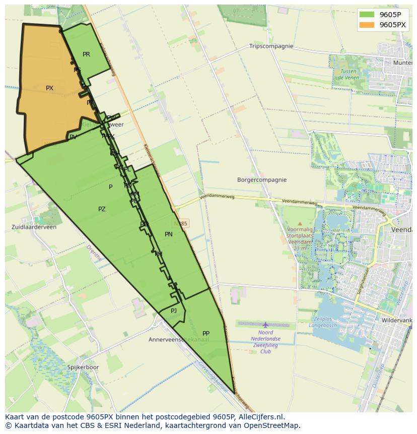 Afbeelding van het postcodegebied 9605 PX op de kaart.
