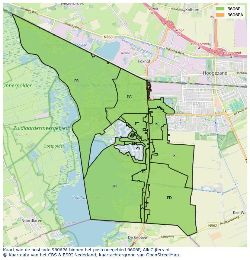 Afbeelding van het postcodegebied 9606 PA op de kaart.