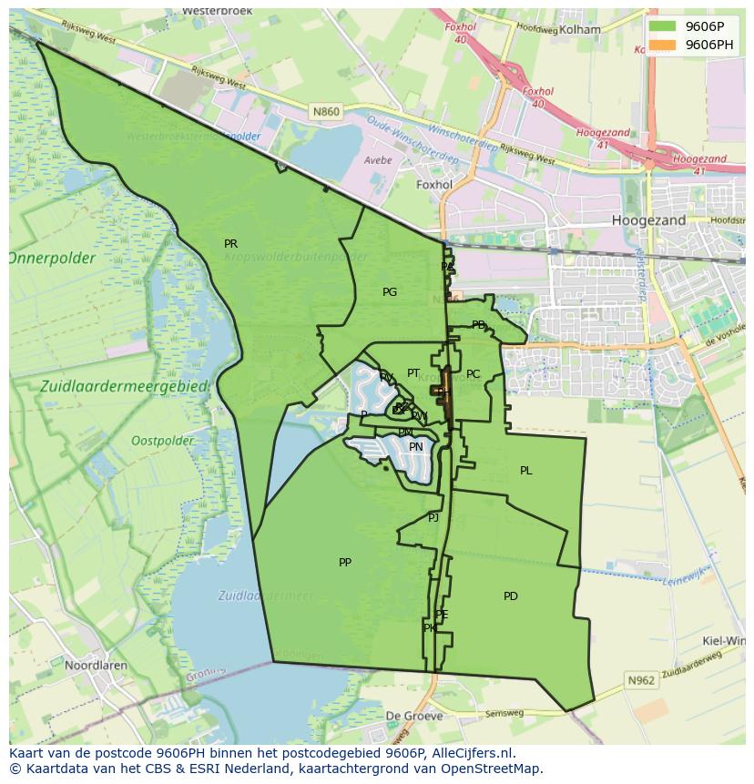 Afbeelding van het postcodegebied 9606 PH op de kaart.