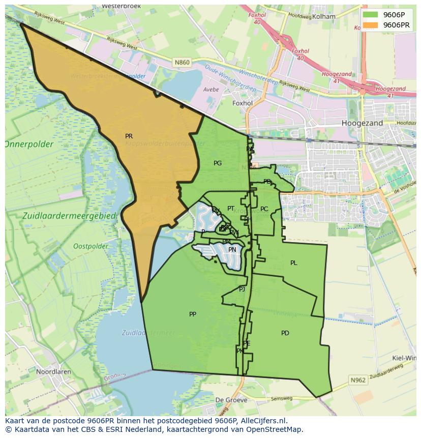 Afbeelding van het postcodegebied 9606 PR op de kaart.