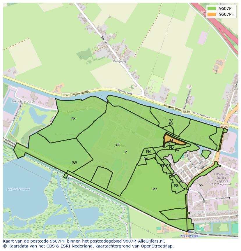 Afbeelding van het postcodegebied 9607 PH op de kaart.