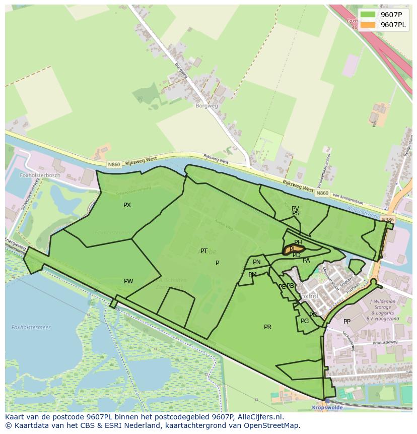 Afbeelding van het postcodegebied 9607 PL op de kaart.