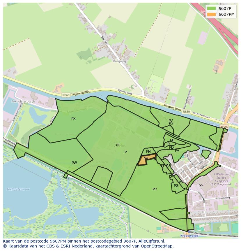 Afbeelding van het postcodegebied 9607 PM op de kaart.
