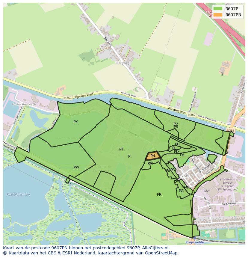 Afbeelding van het postcodegebied 9607 PN op de kaart.