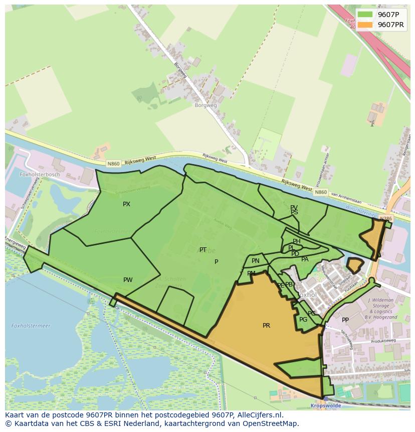 Afbeelding van het postcodegebied 9607 PR op de kaart.