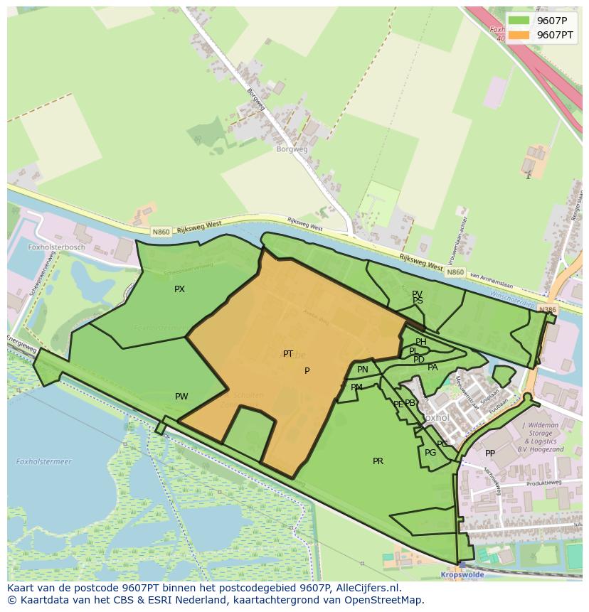 Afbeelding van het postcodegebied 9607 PT op de kaart.