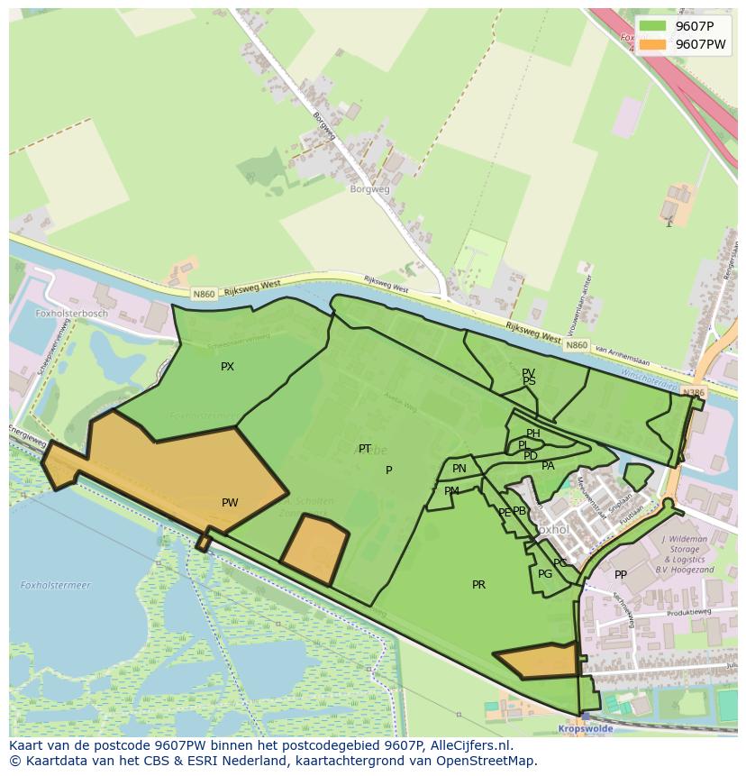 Afbeelding van het postcodegebied 9607 PW op de kaart.